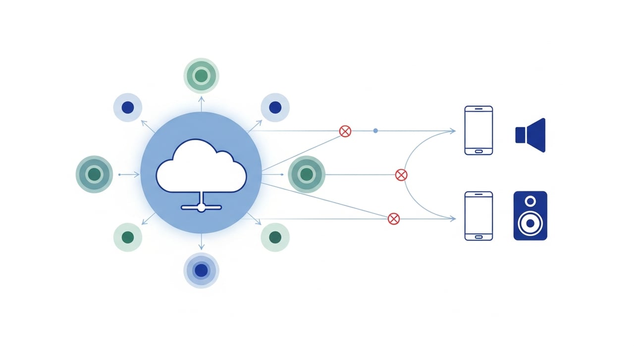 Audio streaming CDN optimization architecture diagram showing edge caching, multi-CDN routing, and adaptive bitrate delivery