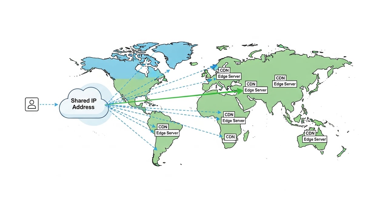 Anycast routing diagram showing how CDNs direct user traffic to the nearest edge server