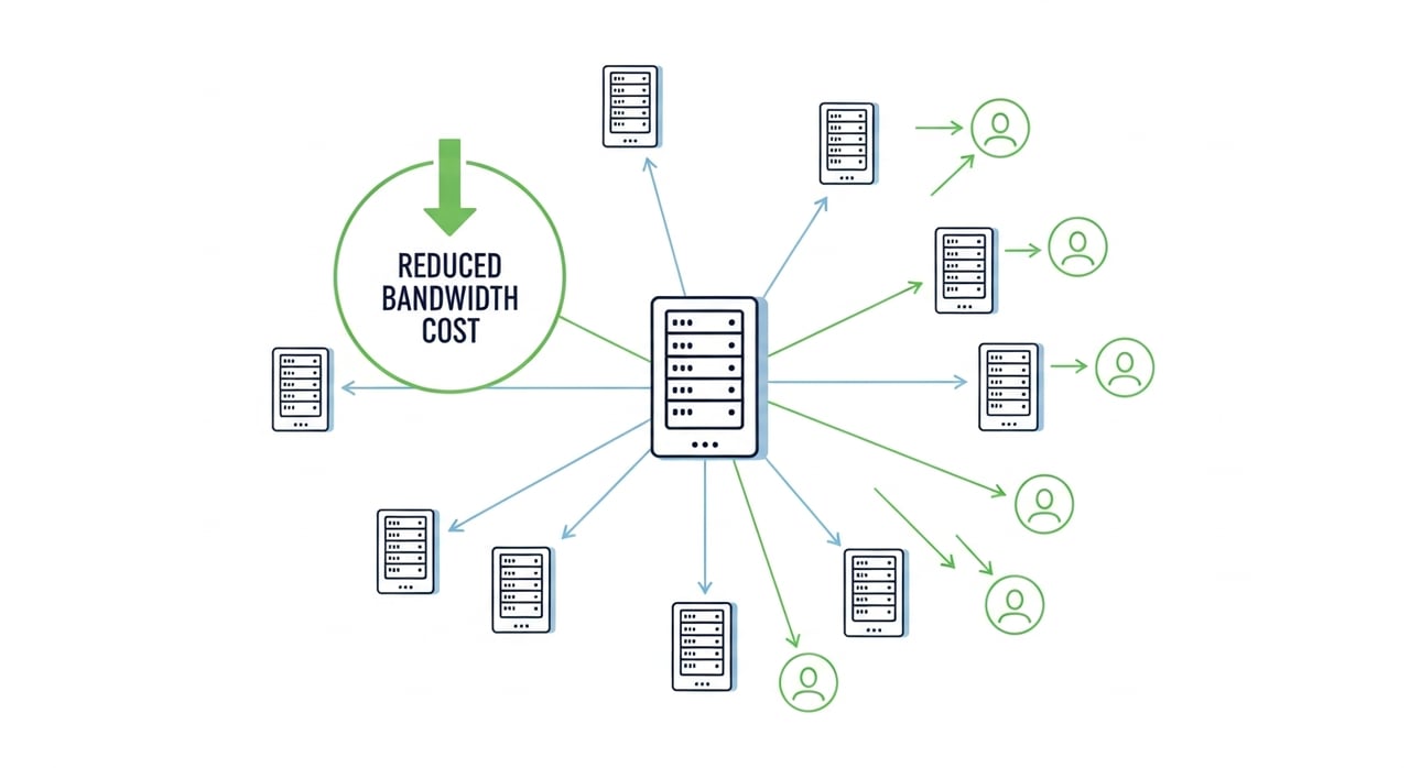 Video CDN bandwidth cost reduction diagram showing edge caching and origin offload architecture
