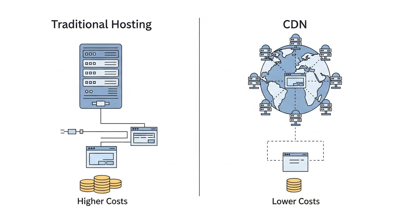 CDN vs web hosting cost comparison diagram for 2026