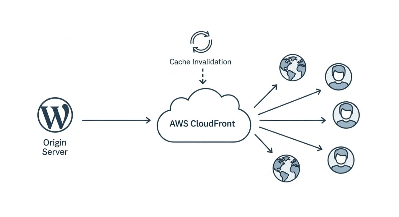 CloudFront WordPress setup architecture diagram showing cache invalidation and image optimization flow