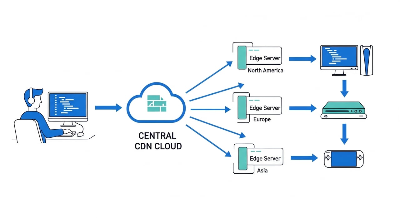Gaming CDN architecture diagram showing edge cache layers for large game file delivery in 2026
