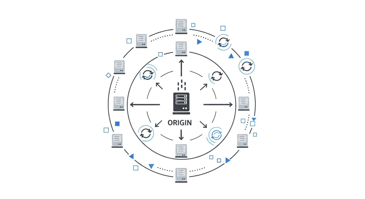 CDN caching architecture diagram showing tiered cache, edge nodes, and origin shield topology in 2026