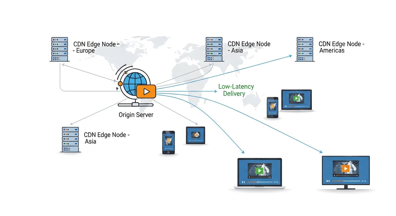 Video streaming CDN architecture diagram showing edge delivery for OTT and live video platforms in 2026