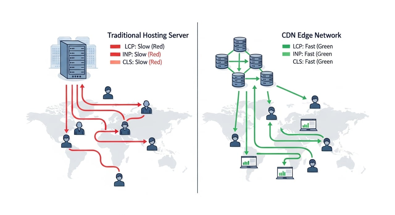 CDN vs traditional hosting Core Web Vitals comparison diagram