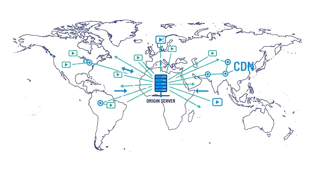 Multi-region video CDN architecture diagram showing edge nodes, origin shields, and viewer routing paths