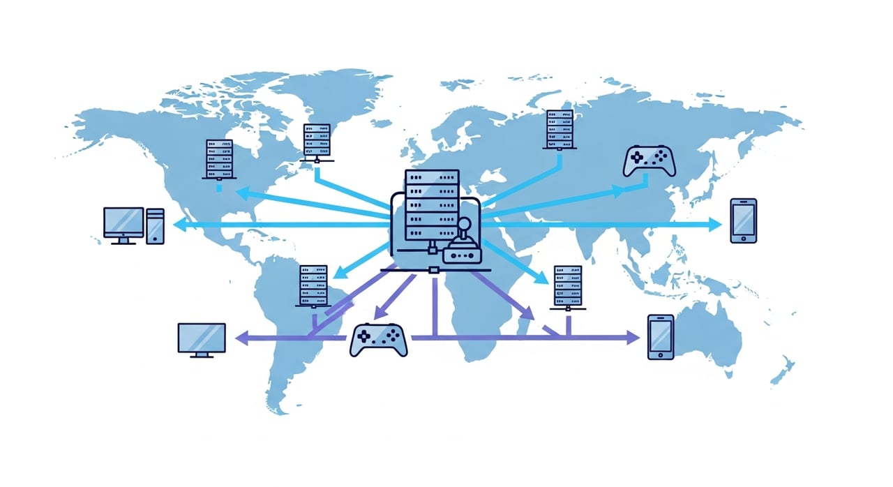Gaming CDN architecture diagram showing edge delivery, origin shield, and player endpoints across global regions