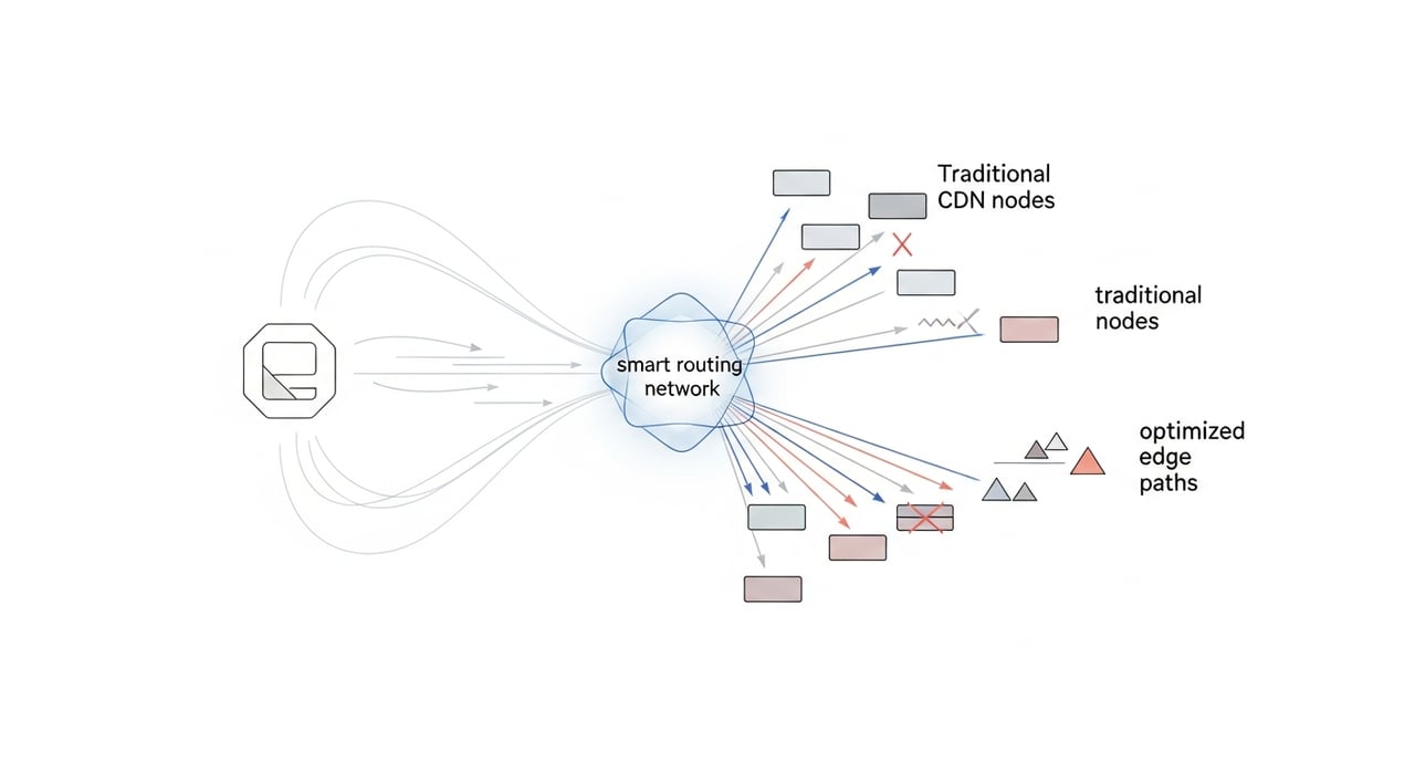 Multi-CDN routing architecture diagram showing smart traffic steering between multiple CDN providers