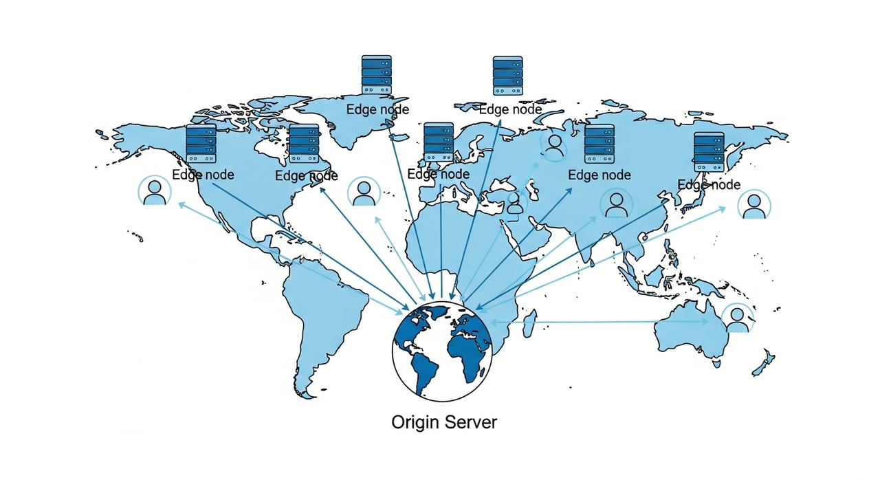 Diagram showing CDN edge nodes distributed globally between origin servers and end users