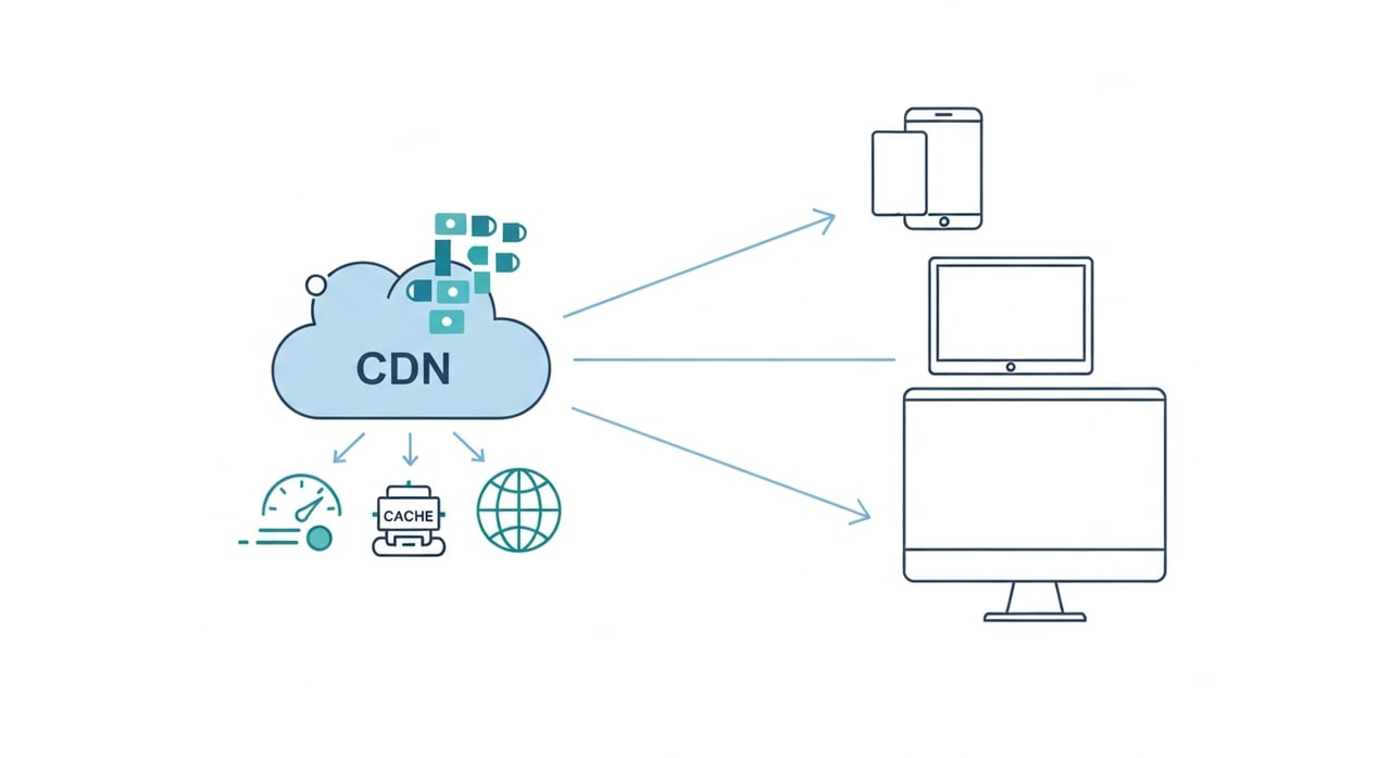 Progressive web app deployment architecture diagram showing CDN edge, service worker, and origin interaction