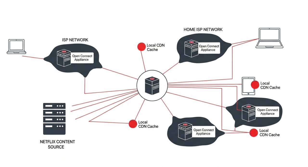 Netflix Open Connect architecture diagram showing OCA placement within ISP networks and cache hierarchy