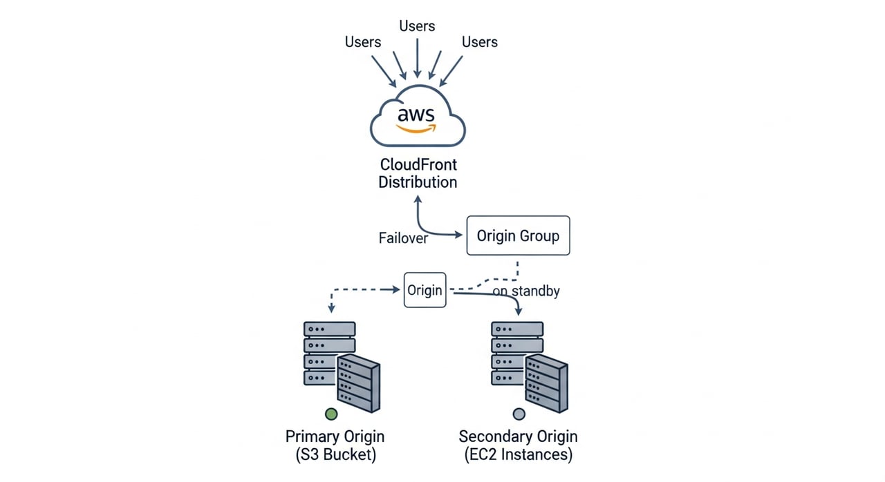 CloudFront origin failover architecture diagram showing primary and secondary origin groups