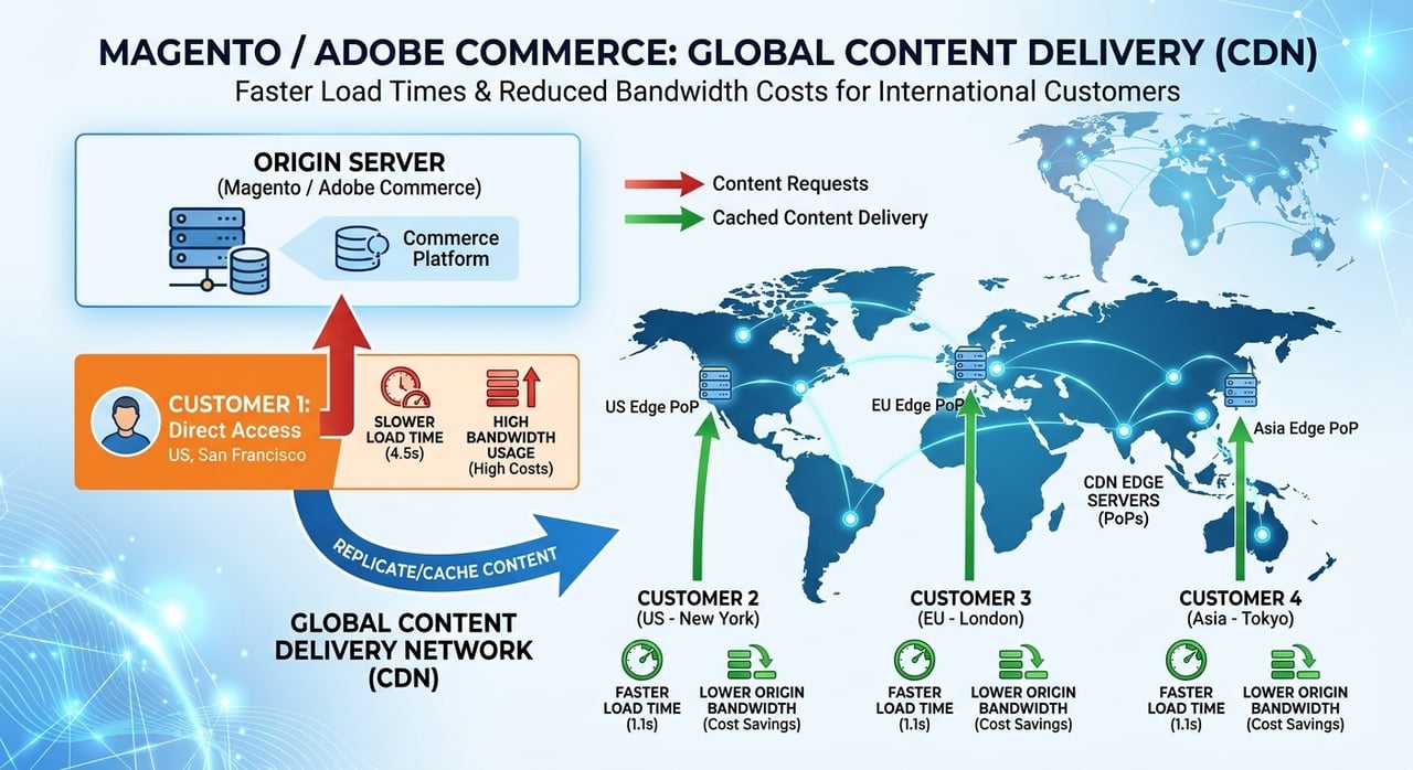 Magento CDN setup diagram showing edge cache rules for catalog pages, media and checkout bypass