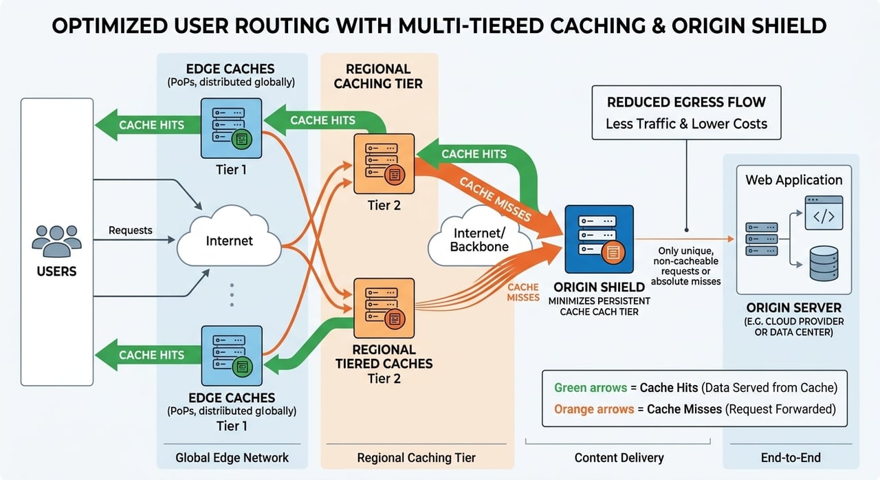 Origin shield and tiered caching architecture collapsing edge cache misses into a single origin fetch