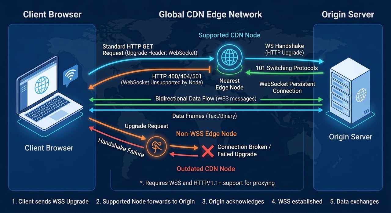 Diagram-style illustration of websocket cdn traffic flowing from clients through edge nodes to origin for real-time applications