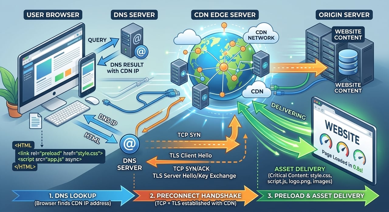 Diagram of resource hints preconnect, dns-prefetch and preload interacting with CDN edge delivery and origin response timing
