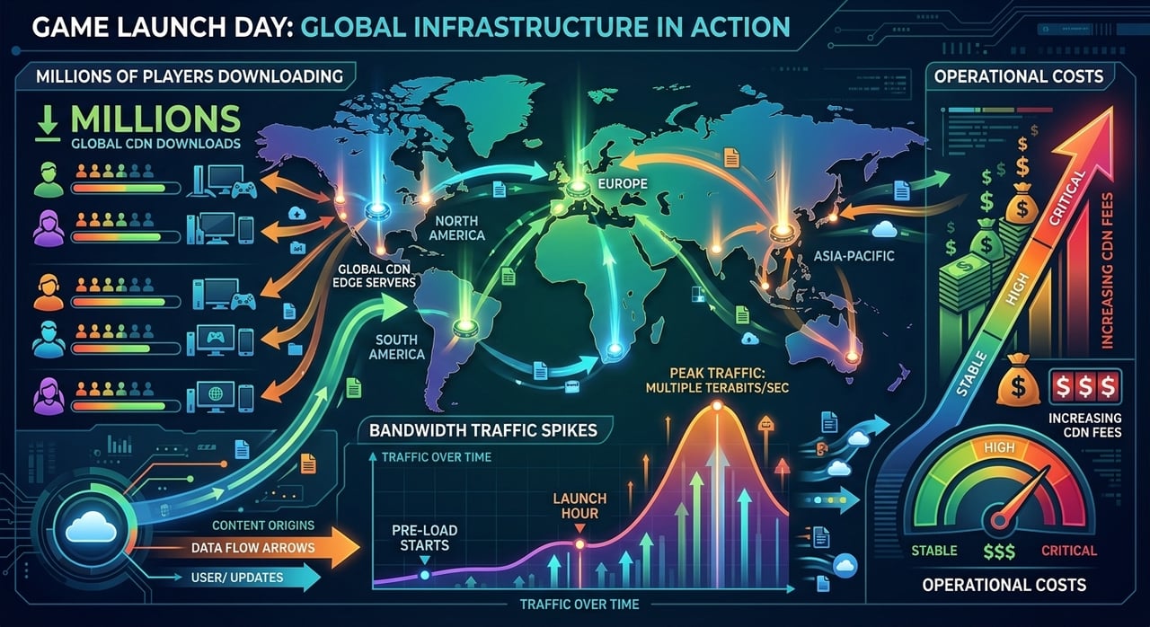 Game CDN bandwidth cost model showing game launch traffic egress and CDN egress pricing tiers