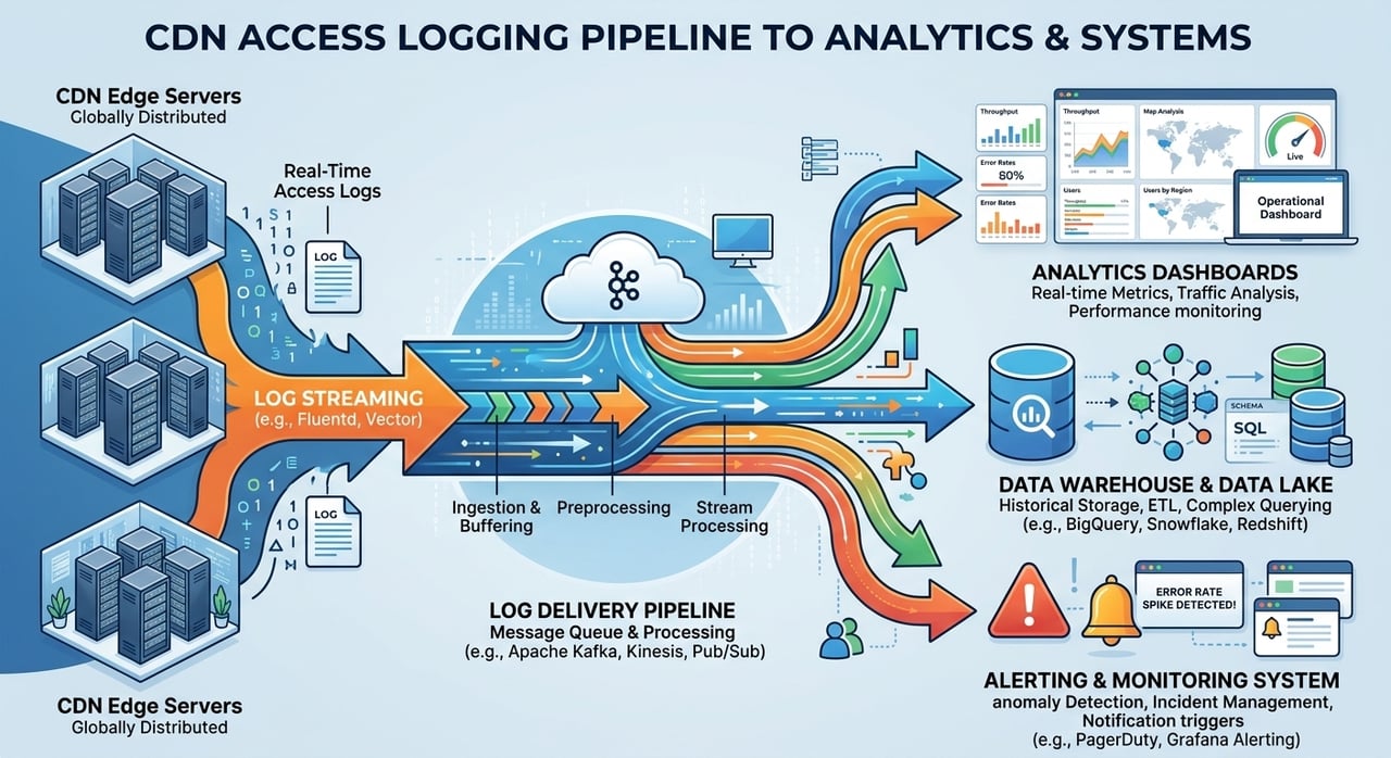 Diagram of a cdn log delivery pipeline streaming real-time CDN logs into a partitioned analytics store