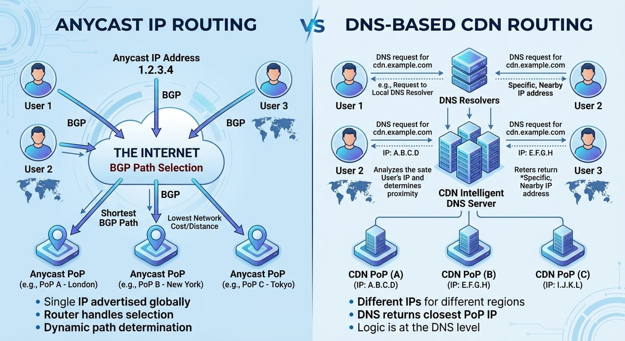 Diagram comparing anycast CDN routing and DNS routing for CDN edge selection