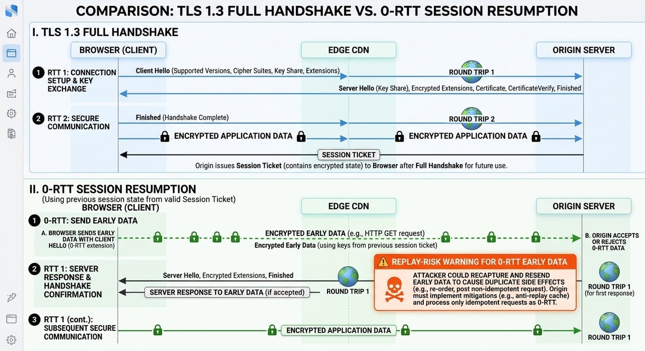 TLS 1.3 CDN handshake and 0-RTT session resumption round-trip diagram at the edge