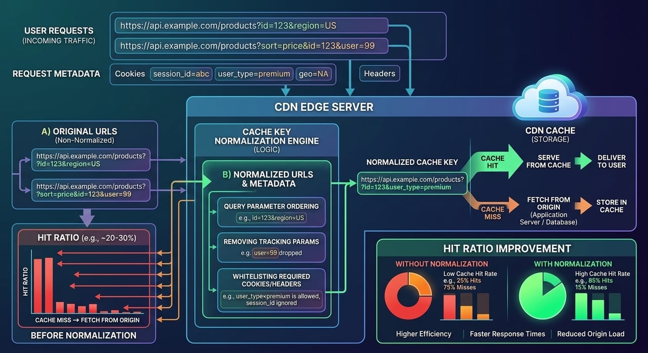 Diagram of CDN cache key composition showing query string and cookie normalization and their effect on cache hit ratio