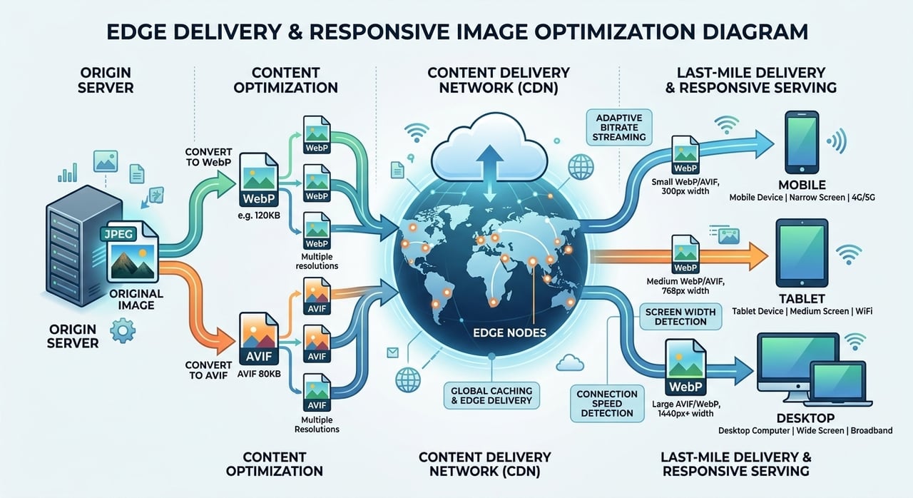 Image CDN negotiating WebP and AVIF delivery with responsive sizes at the edge cache