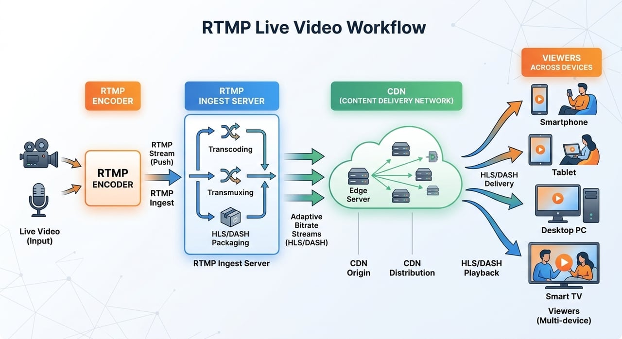What is RTMP: diagram of RTMP streaming from a live encoder to an RTMP ingest server that outputs HLS for playback