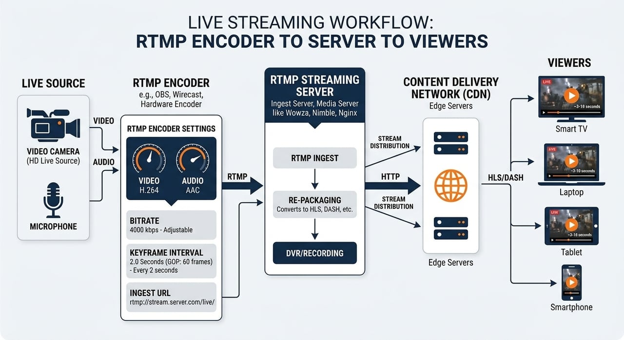 RTMP encoder settings panel showing CBR bitrate, 2-second keyframe interval and ingest URL fields for a live stream