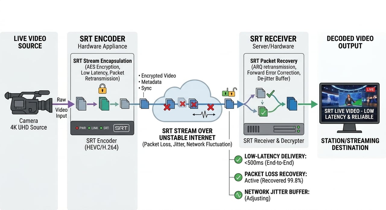 SRT protocol diagram showing Secure Reliable Transport recovering lost packets on a live video contribution link