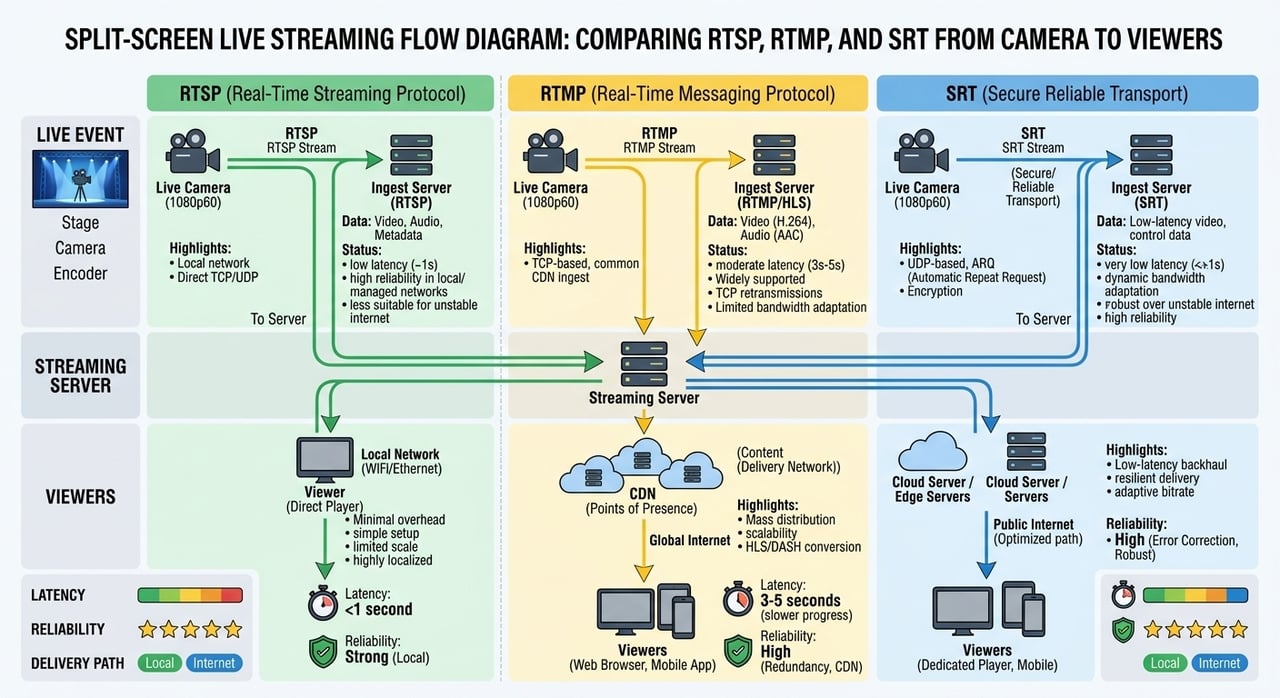RTSP vs RTMP vs SRT streaming protocols compared for IP cameras, encoders and contribution links