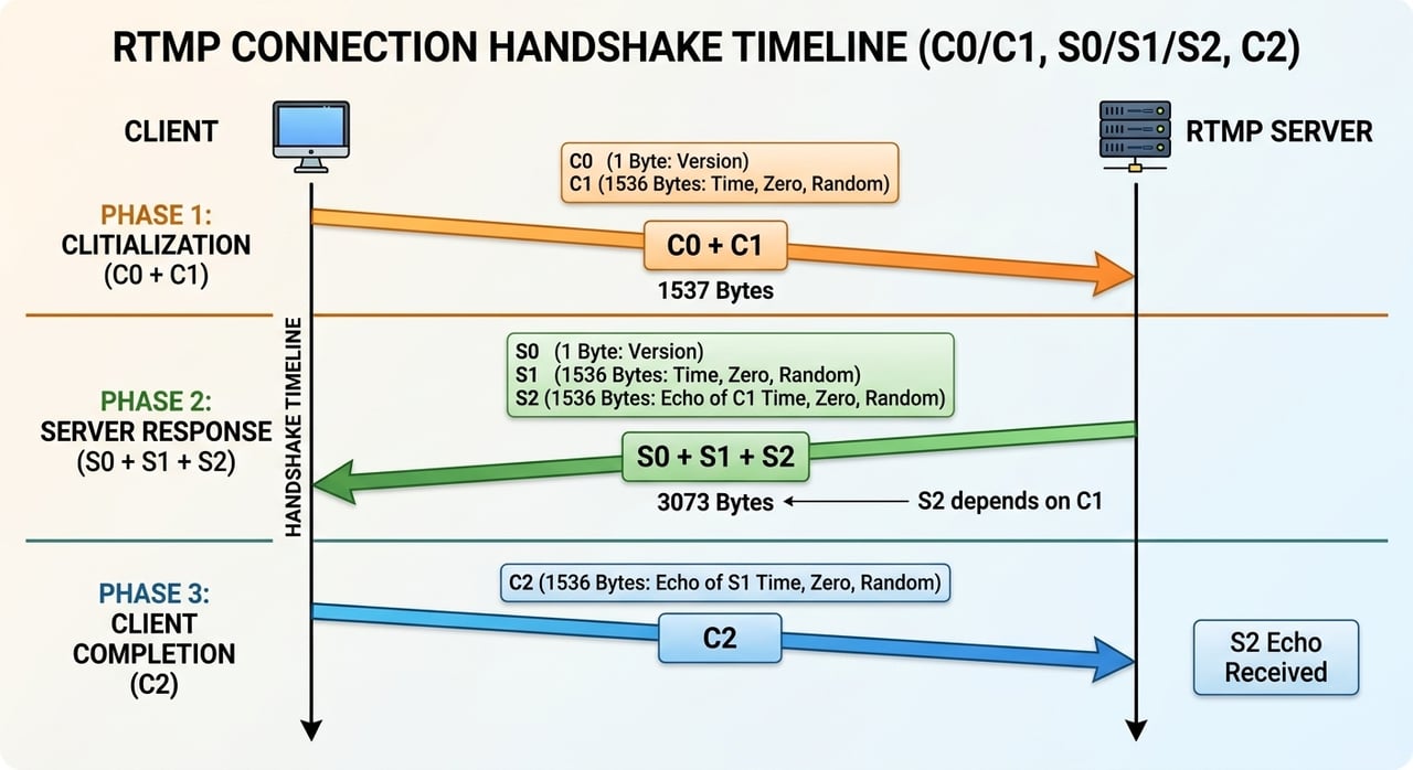 RTMP handshake packet sequence showing C0, C1, S0, S1, S2 and C2 exchanged between a live encoder and an ingest server