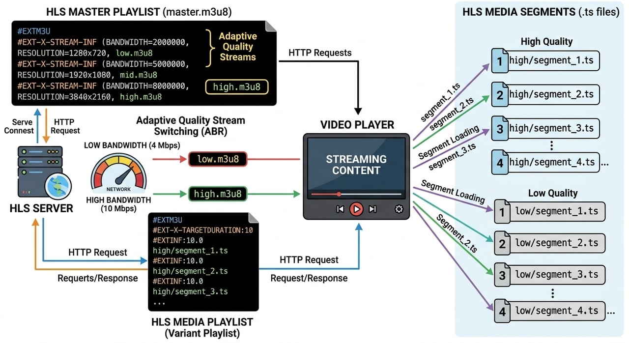 Diagram of an M3U8 file: an HLS master playlist pointing to media playlists and video segments delivered over a CDN